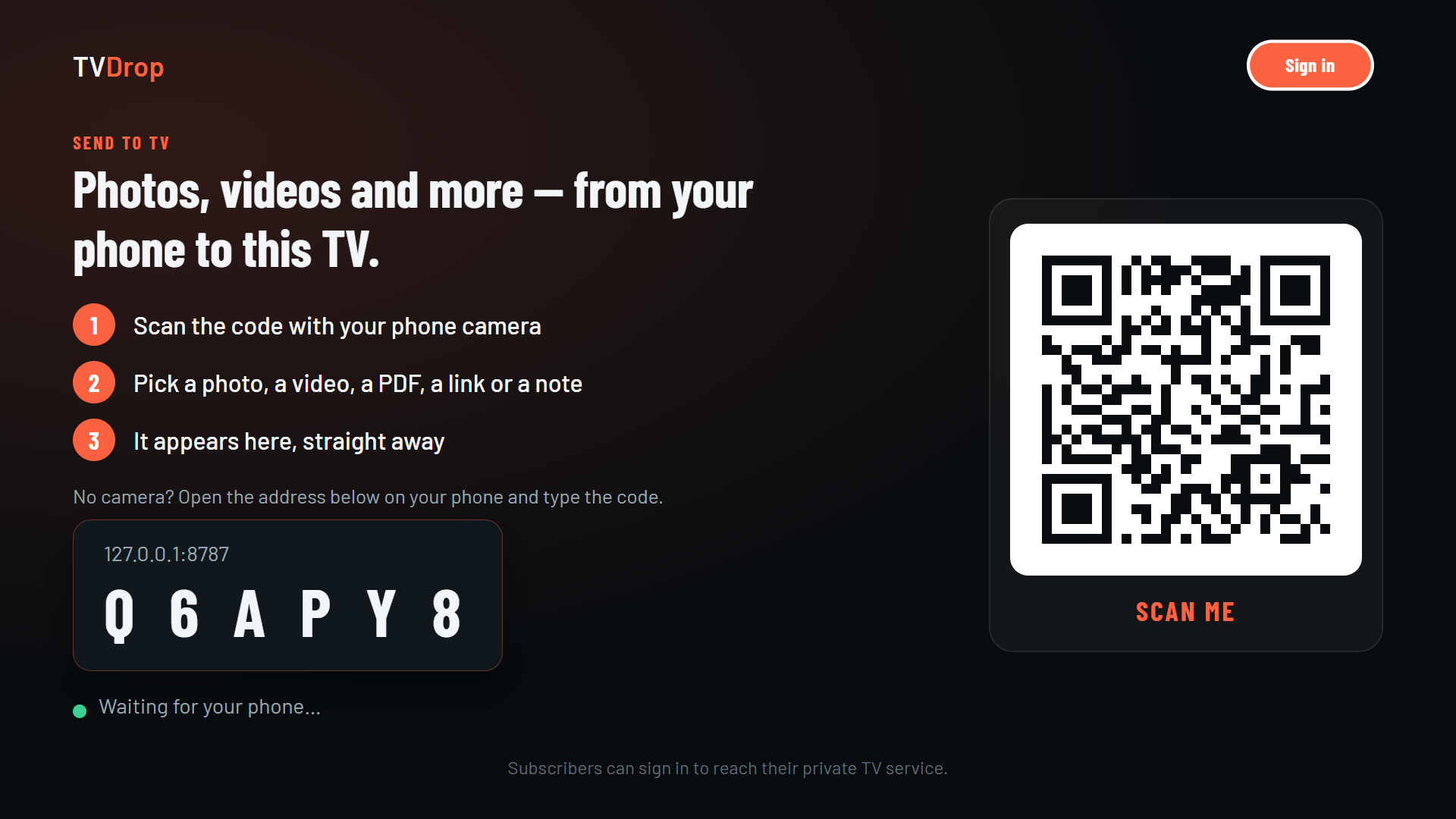 The TVDrop app on a TV, showing its code to scan